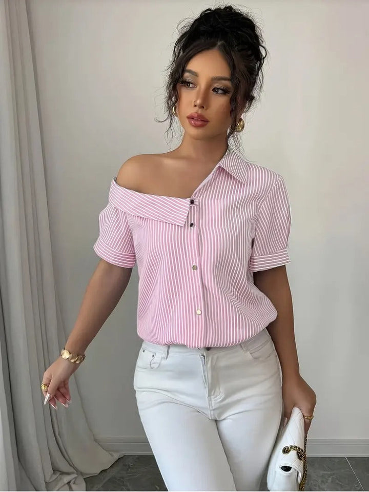 Women's Shirt - Off Shoulder Stripe Print Short Sleeve Button Front | Casual