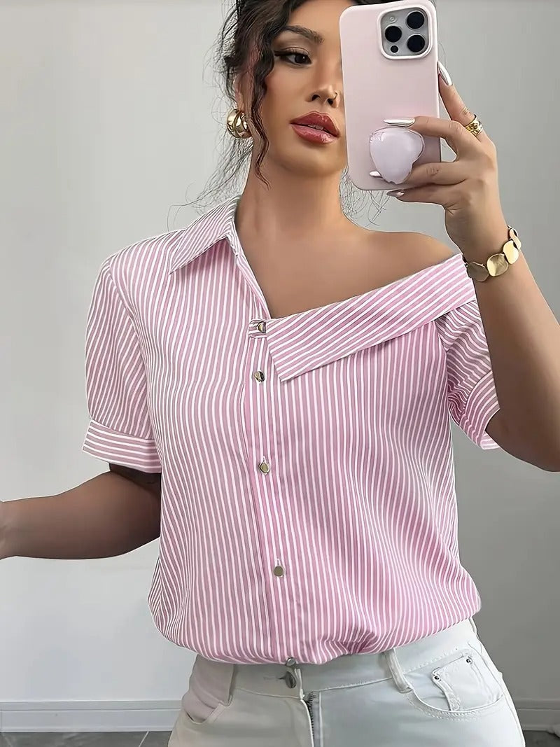 Women's Shirt - Off Shoulder Stripe Print Short Sleeve Button Front | Casual