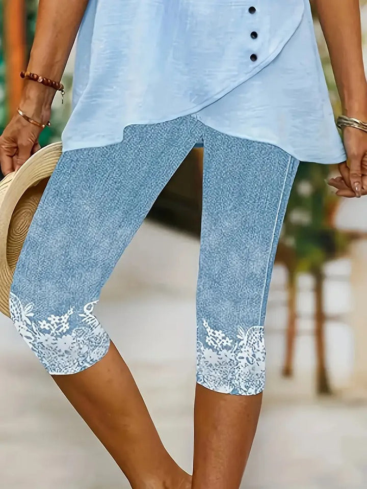 Women's Leggings - Cropped Denim Look Floral Lace Hem Detail | Summer