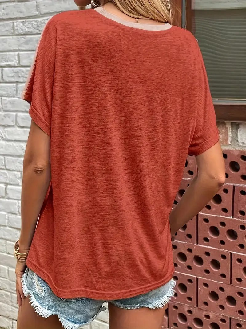 Women's T-Shirt - Colour Block Cold Shoulder Cut-Out Short Sleeve | Casual