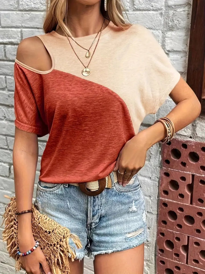 Women's T-Shirt - Colour Block Cold Shoulder Cut-Out Short Sleeve | Casual
