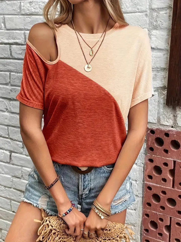 Women's T-Shirt - Colour Block Cold Shoulder Cut-Out Short Sleeve | Casual