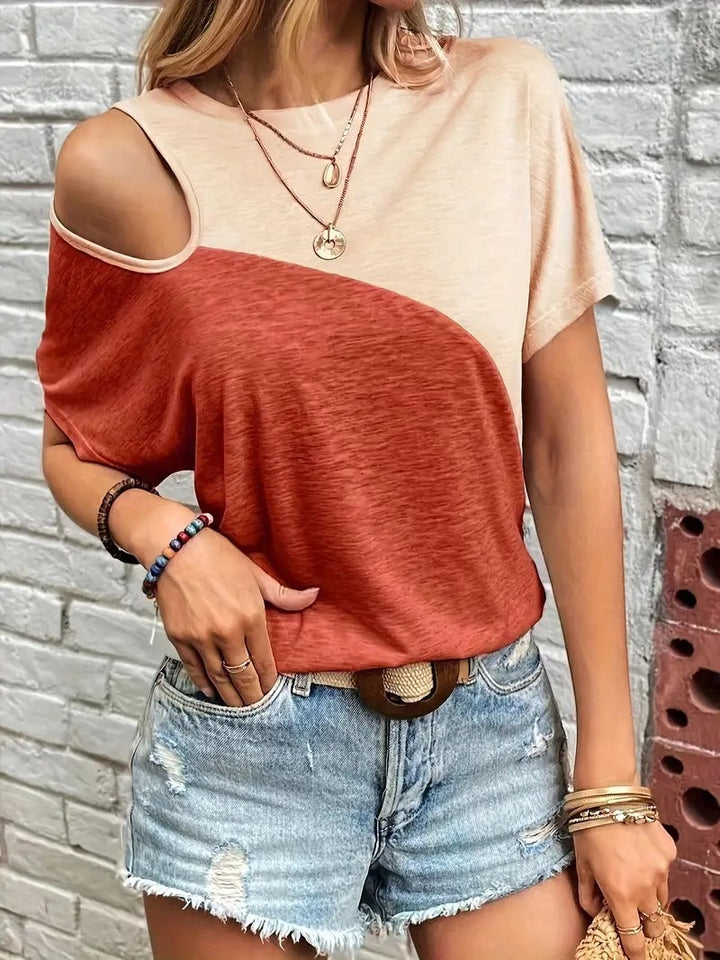 Women's T-Shirt - Colour Block Cold Shoulder Cut-Out Short Sleeve | Casual