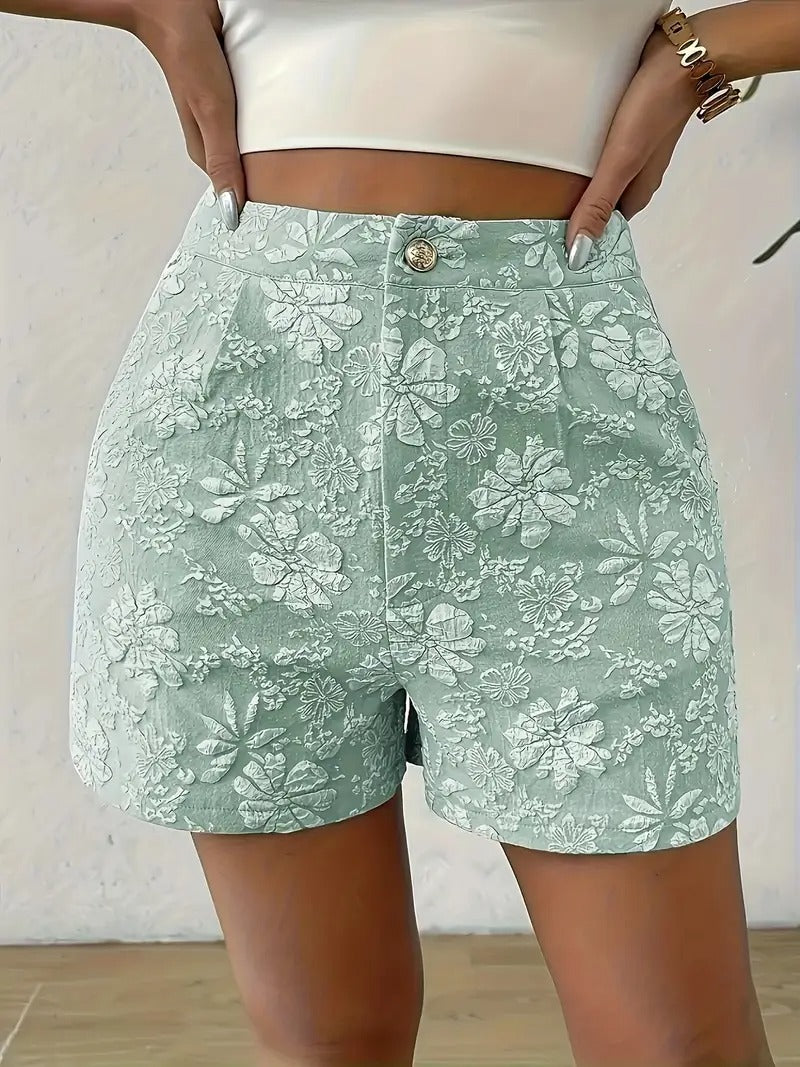Shorts Women - High Waist Floral Embroidered with Button Front | Summer