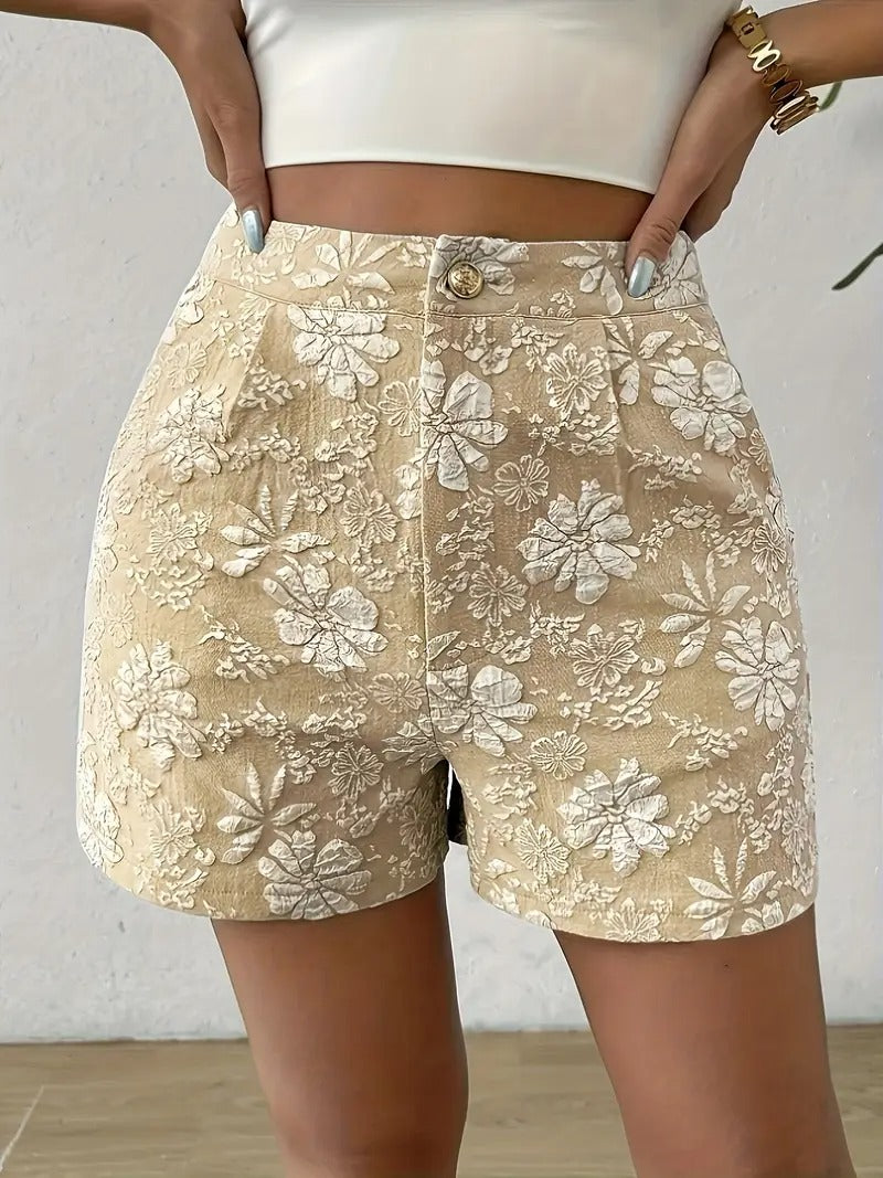 Shorts Women - High Waist Floral Embroidered with Button Front | Summer