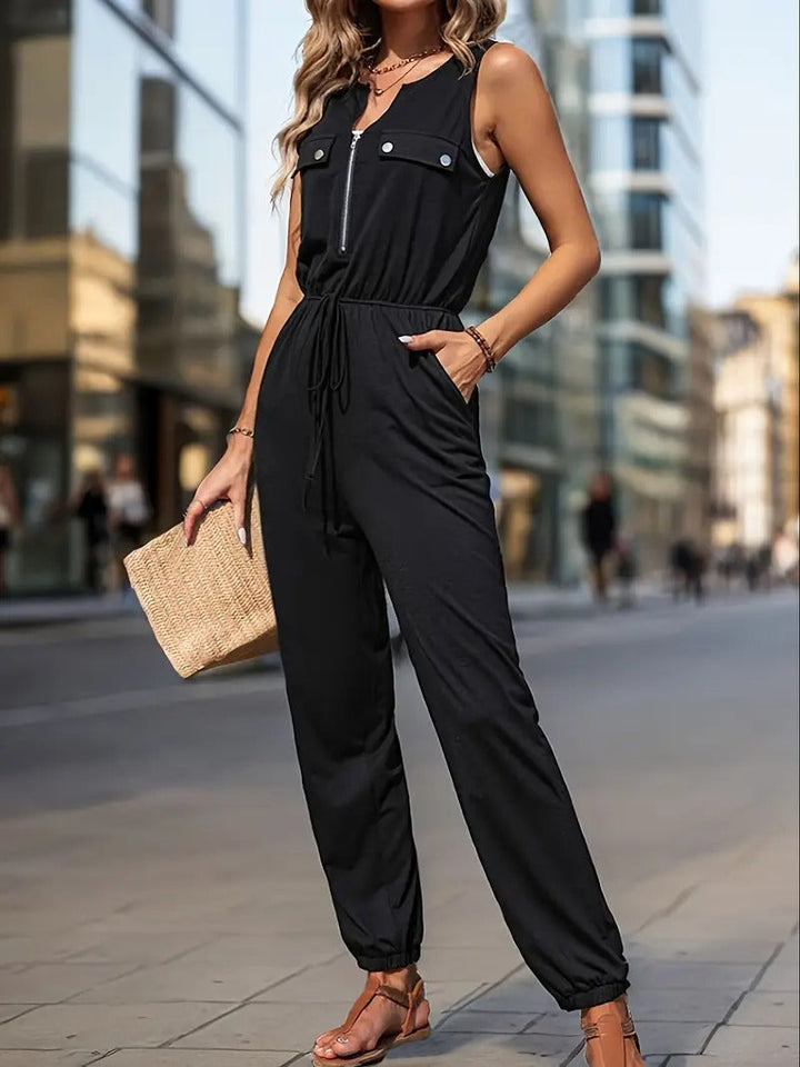 Women's Jumpsuit - Sleeveless Zip Front Drawstring Waist Wide Leg | Casual