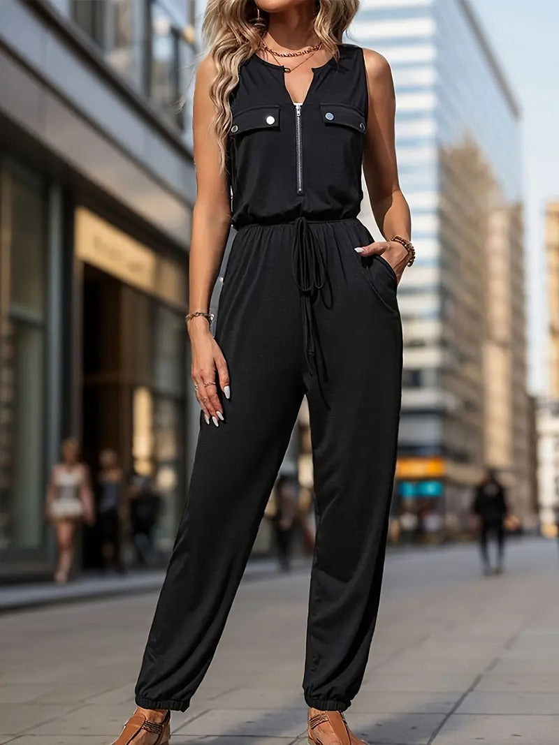 Women's Jumpsuit - Sleeveless Zip Front Drawstring Waist Wide Leg | Casual