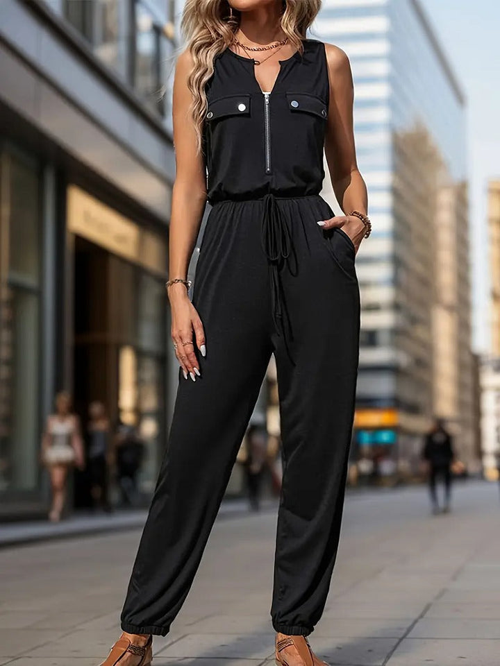 Women's Jumpsuit - Sleeveless Zip Front Drawstring Waist Wide Leg | Casual