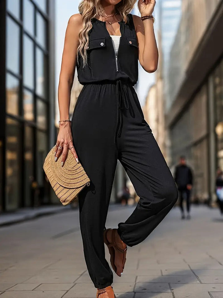 Women's Jumpsuit - Sleeveless Zip Front Drawstring Waist Wide Leg | Casual