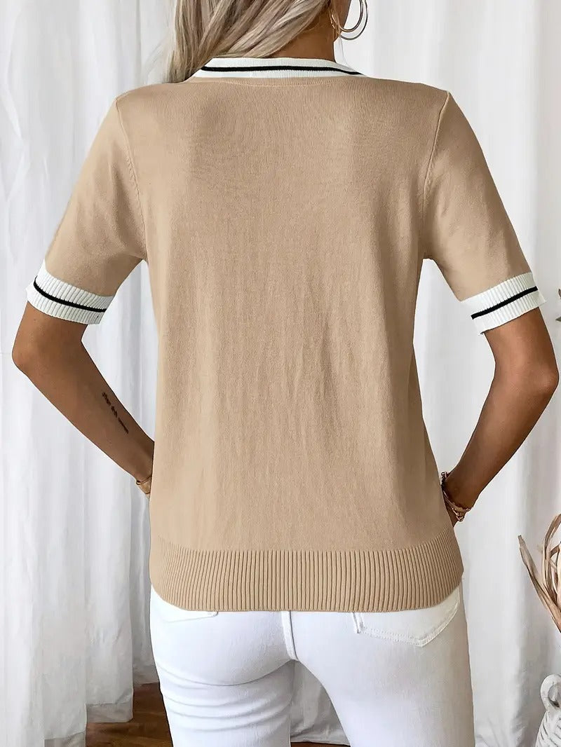 Women's T-Shirt - V-Neck Stripe Trim Tie Detail Short Sleeve Knit | Casual