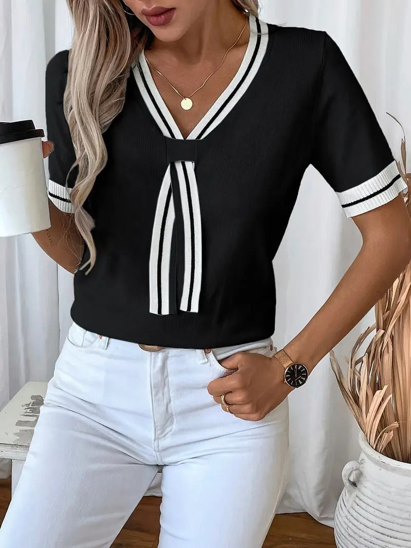 Women's T-Shirt - V-Neck Stripe Trim Tie Detail Short Sleeve Knit | Casual