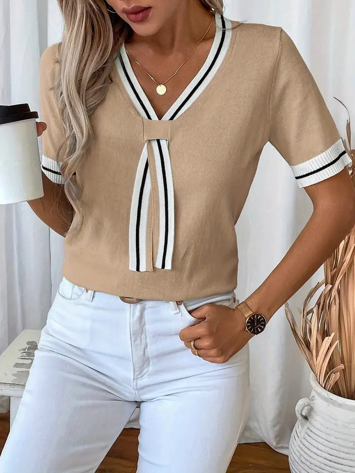 Women's T-Shirt - V-Neck Stripe Trim Tie Detail Short Sleeve Knit | Casual