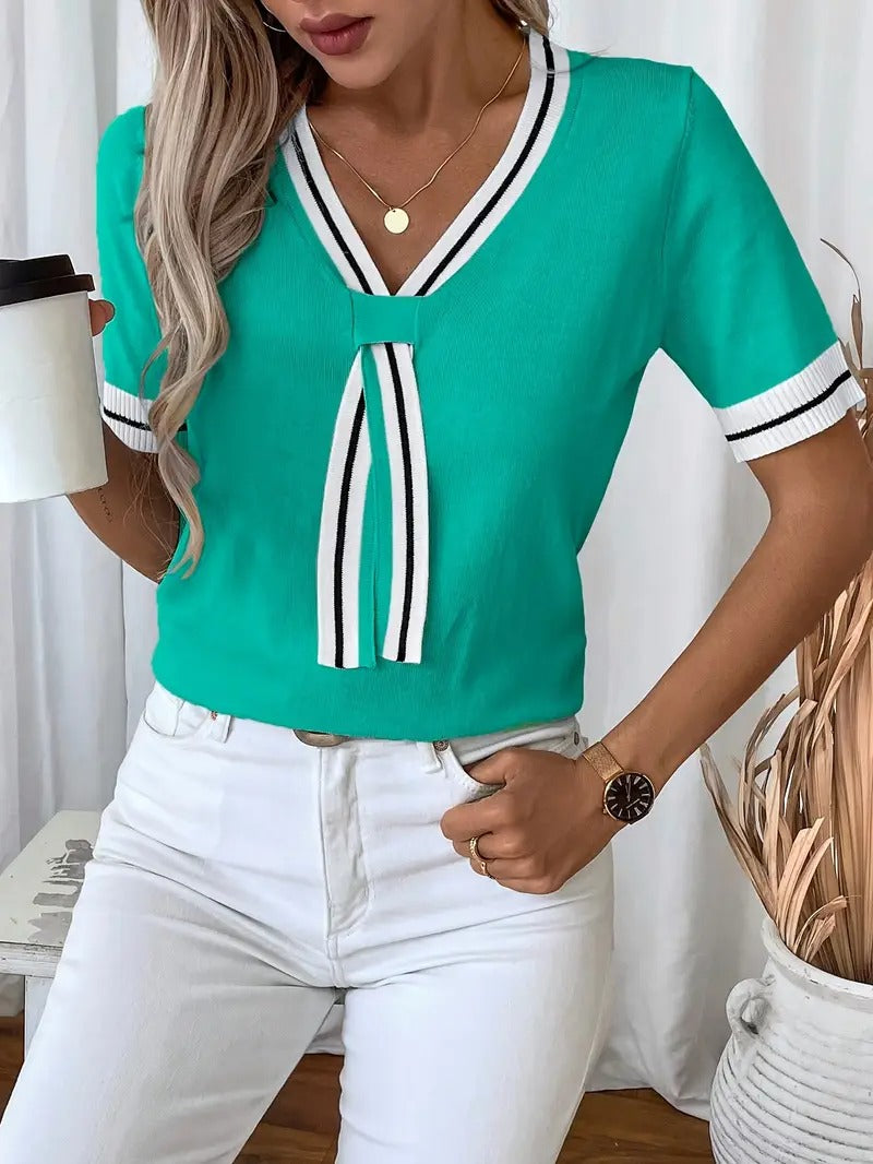 Women's T-Shirt - V-Neck Stripe Trim Tie Detail Short Sleeve Knit | Casual