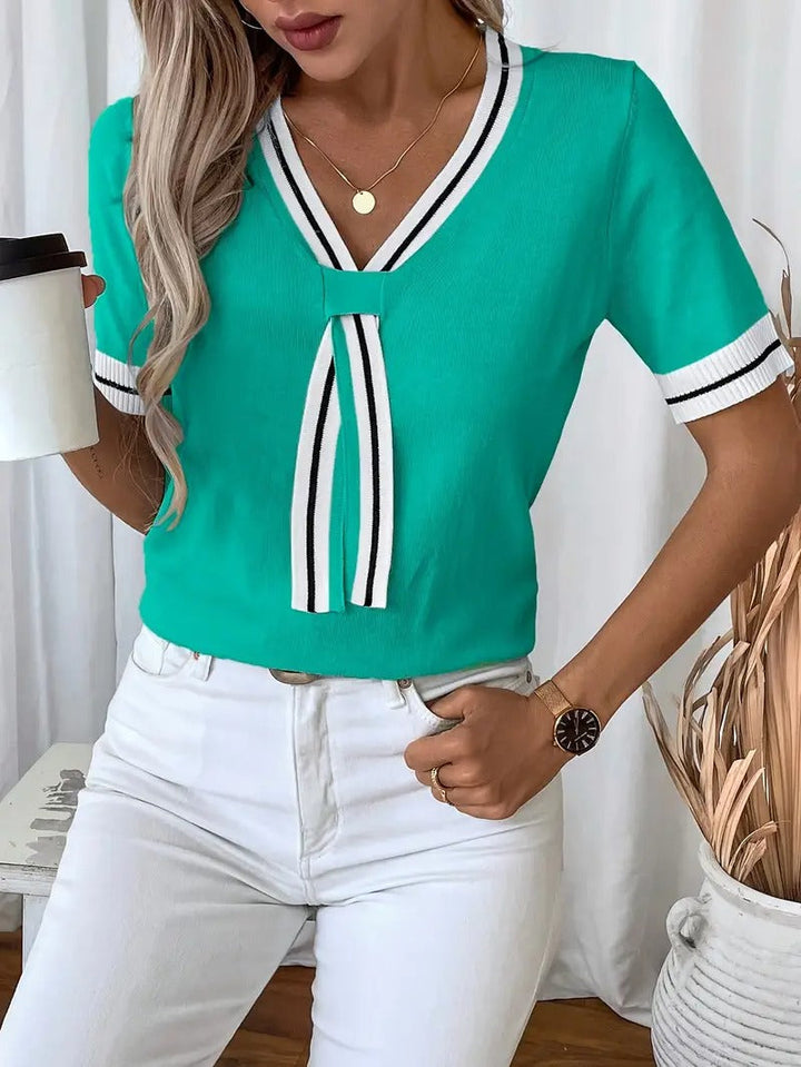 Women's T-Shirt - V-Neck Stripe Trim Tie Detail Short Sleeve Knit | Casual