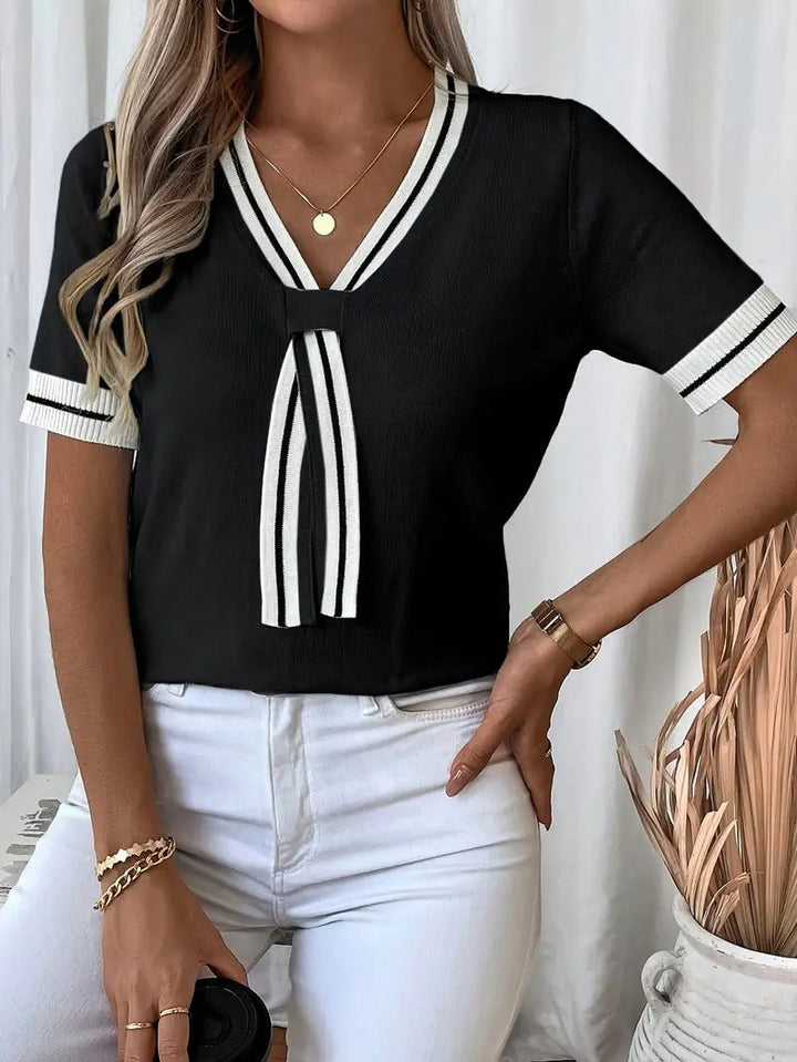 Women's T-Shirt - V-Neck Stripe Trim Tie Detail Short Sleeve Knit | Casual