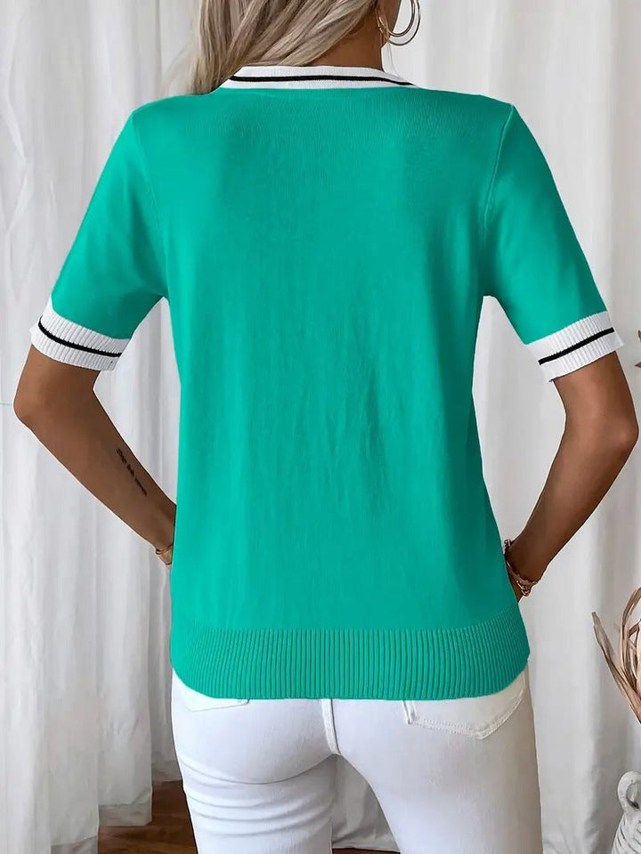 Women's T-Shirt - V-Neck Stripe Trim Tie Detail Short Sleeve Knit | Casual