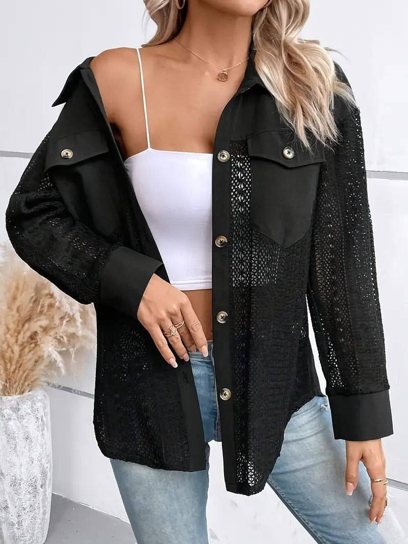 Women's Shirt - Oversized Contrast Panel Crochet Detail Long Sleeve | Casual