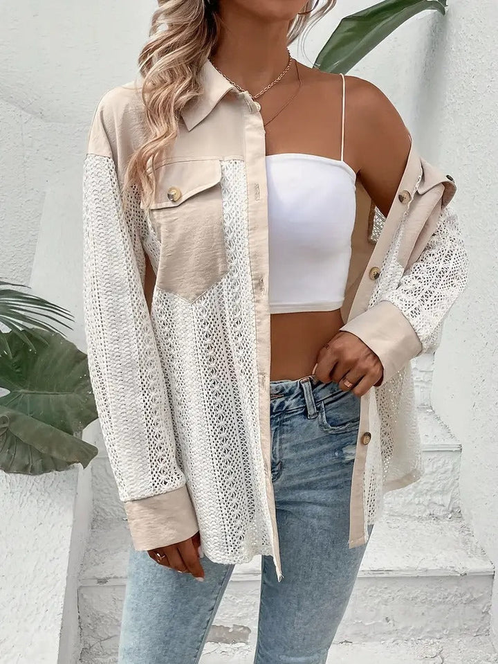 Women's Shirt - Oversized Contrast Panel Crochet Detail Long Sleeve | Casual