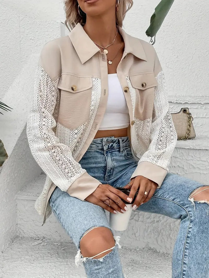 Women's Shirt - Oversized Contrast Panel Crochet Detail Long Sleeve | Casual
