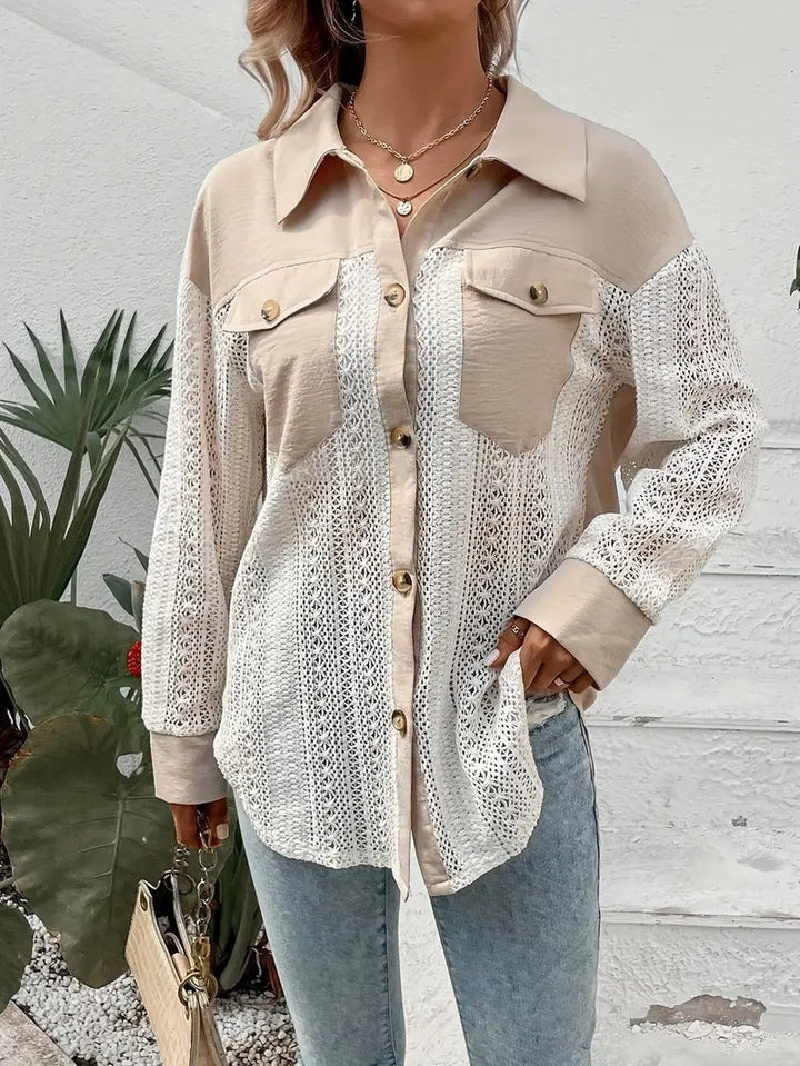 Women's Shirt - Oversized Contrast Panel Crochet Detail Long Sleeve | Casual