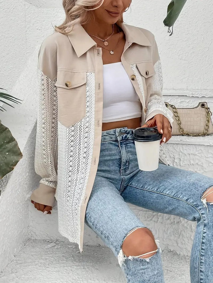 Women's Shirt - Oversized Contrast Panel Crochet Detail Long Sleeve | Casual
