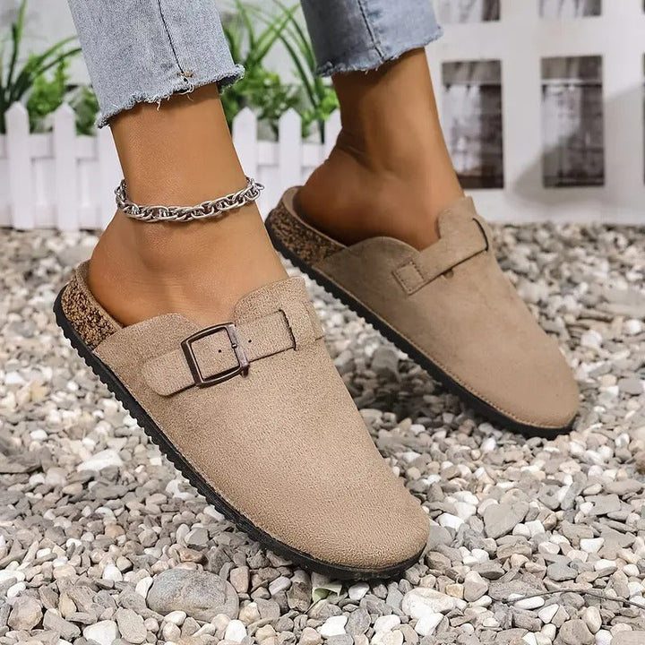 Women's Sandals - Flat Closed Toe Mule Buckle Strap Cork Sole | Summer