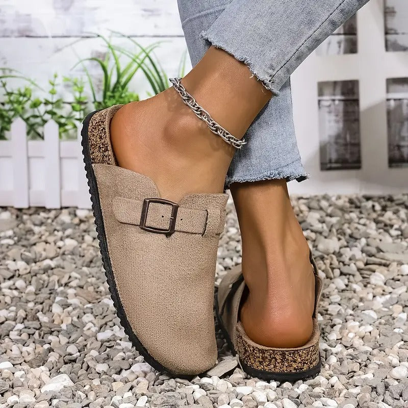 Women's Sandals - Flat Closed Toe Mule Buckle Strap Cork Sole | Summer