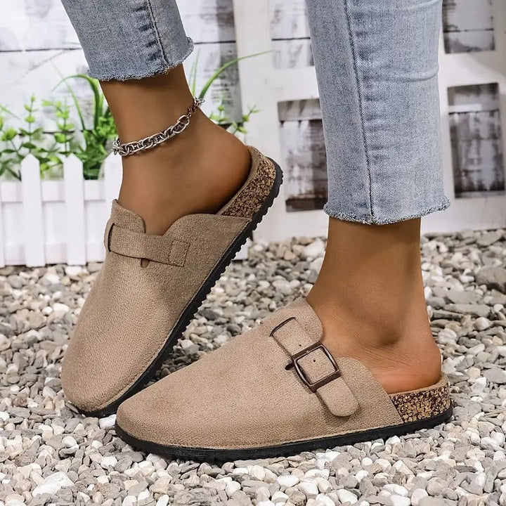 Women's Sandals - Flat Closed Toe Mule Buckle Strap Cork Sole | Summer