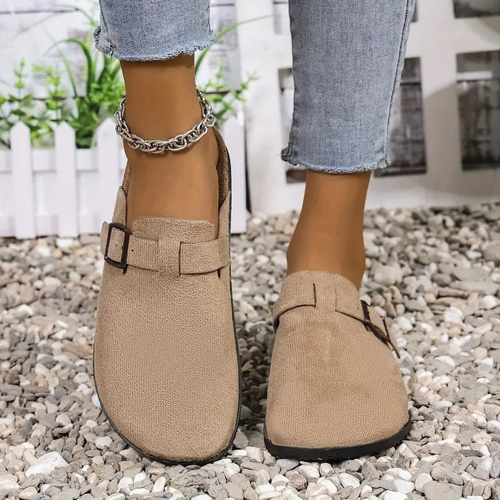 Women's Sandals - Flat Closed Toe Mule Buckle Strap Cork Sole | Summer
