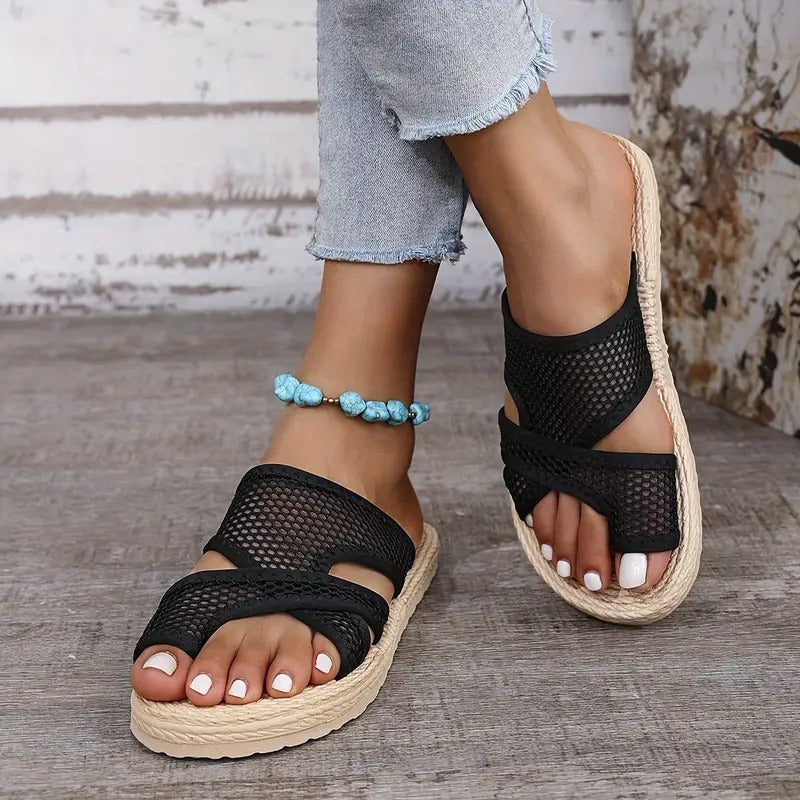 Women's Sandals - Flat Espadrille Platform Mesh Strap Open Toe | Summer