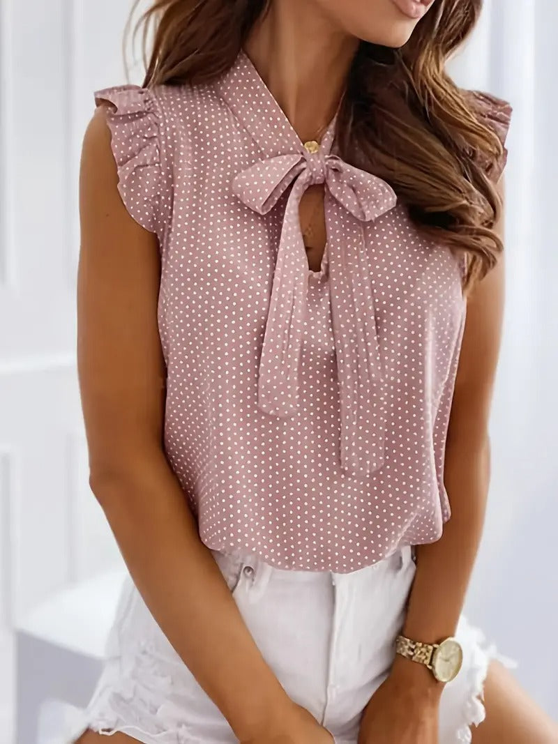 Women's Blouse - Sleeveless Polka Dot Bow Tie Neck Frill Sleeve | Elegant