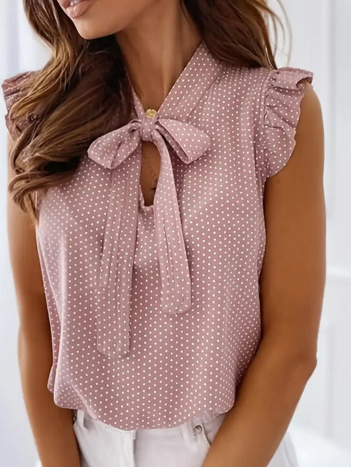 Women's Blouse - Sleeveless Polka Dot Bow Tie Neck Frill Sleeve | Elegant