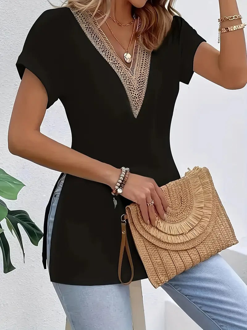 Women's Top - V-Neck Short Sleeve with Contrast Trim Detail | Casual