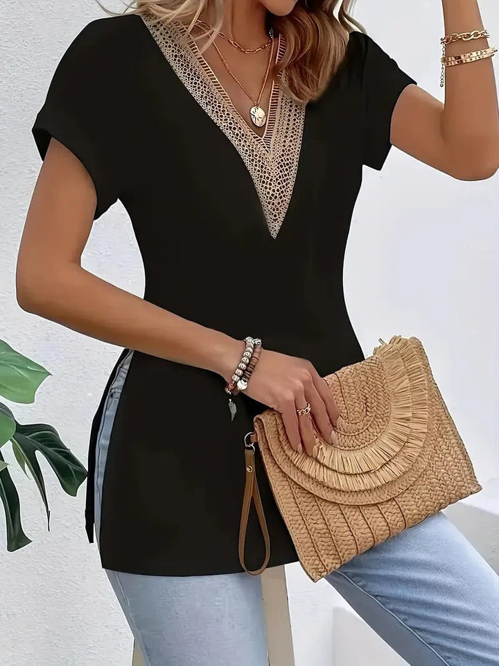 Women's Top - V-Neck Short Sleeve with Contrast Trim Detail | Casual