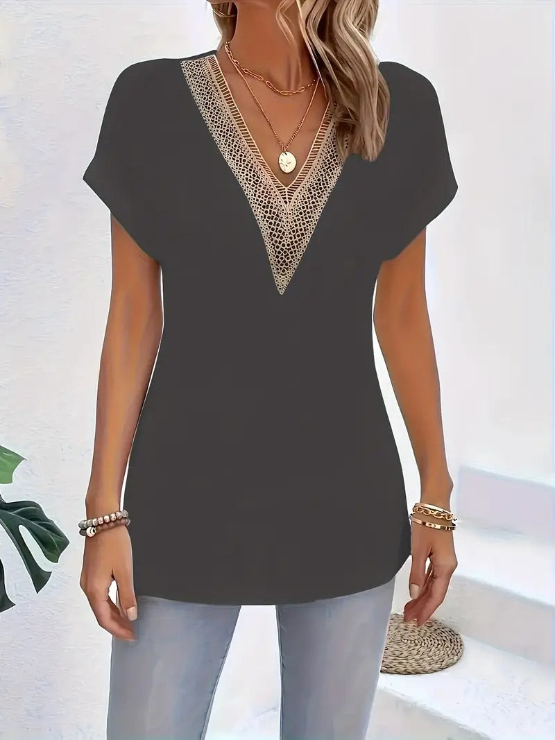 Women's Top - V-Neck Short Sleeve with Contrast Trim Detail | Casual