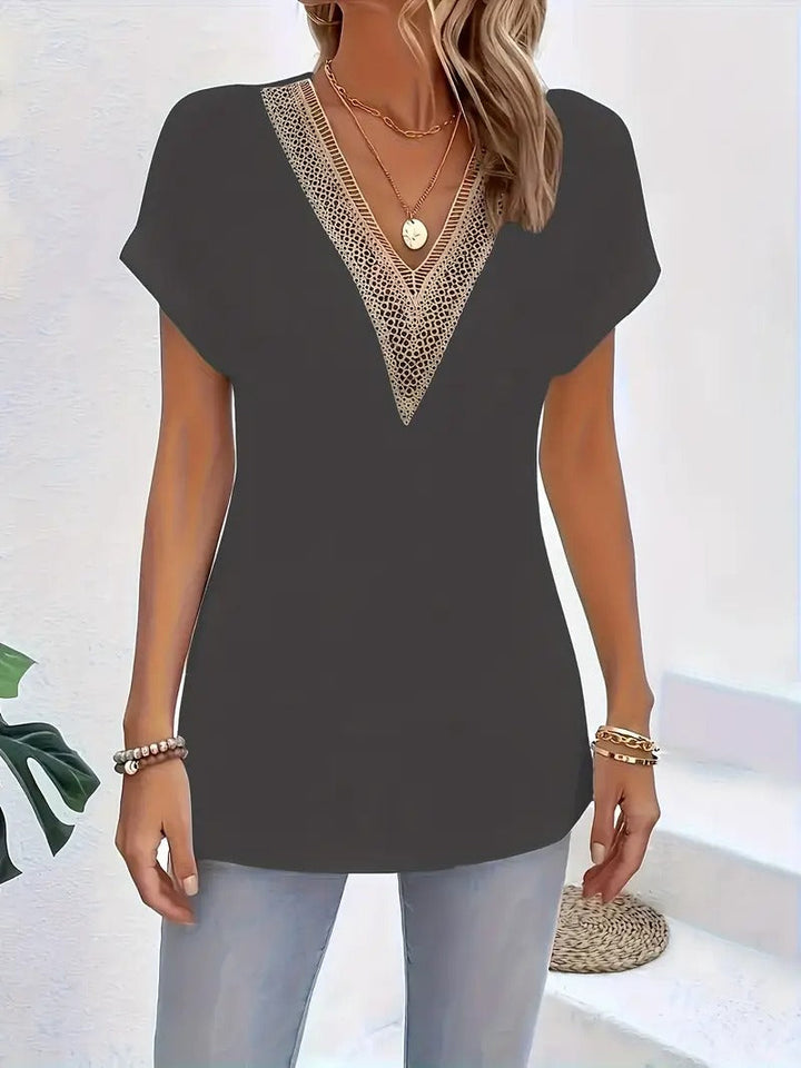 Women's Top - V-Neck Short Sleeve with Contrast Trim Detail | Casual