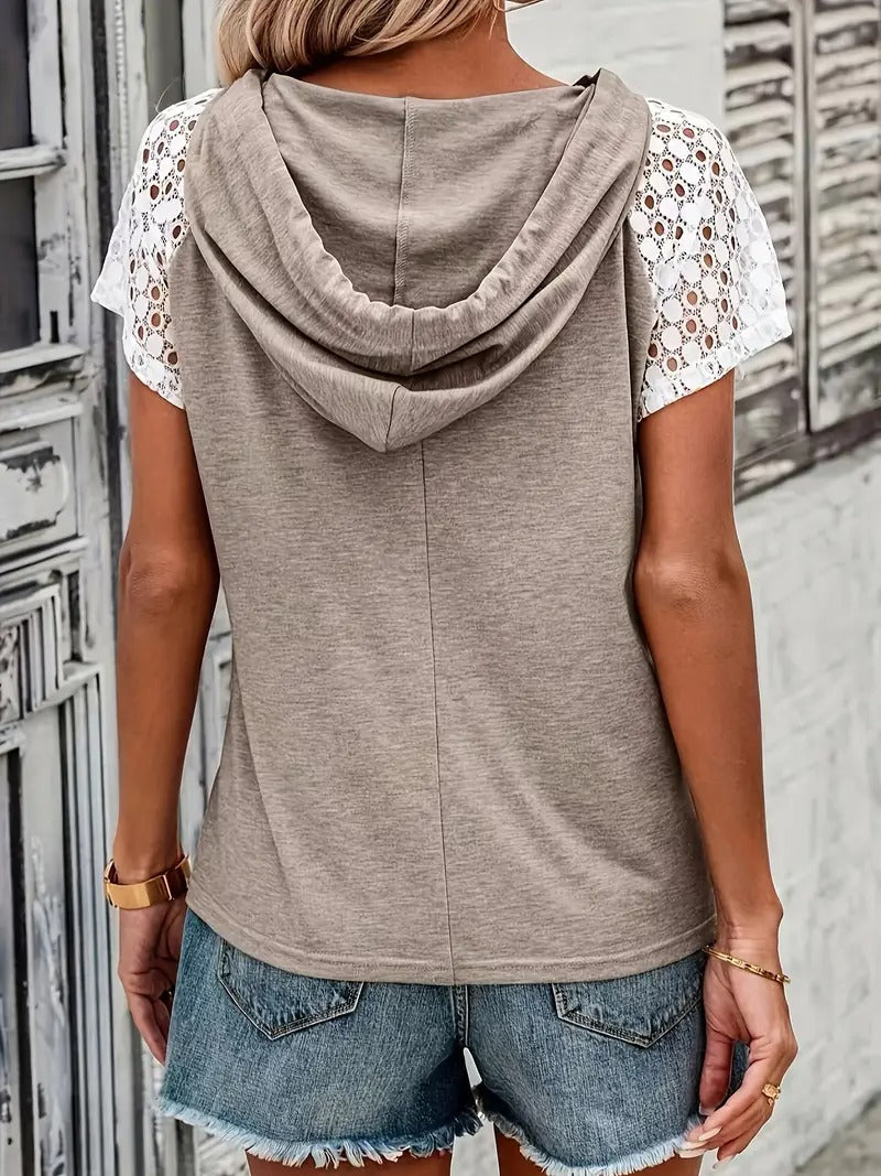 Women's Hoodie - Short Sleeve Lace Panel Button Neck Detail | Casual