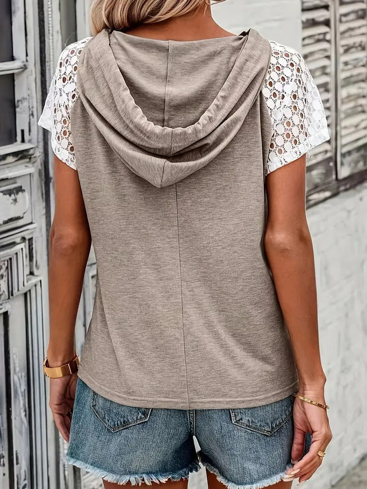 Women's Hoodie - Short Sleeve Lace Panel Button Neck Detail | Casual