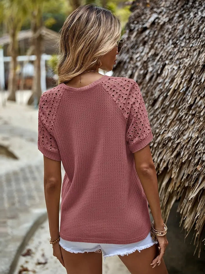Women's T-Shirt - Waffle Knit Eyelet Sleeve Round Neck Short Sleeve | Casual